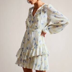 NWT Ted Baker Suziiee Floral Print Sky Blue Ruffled Mini Dress Size Ted 2 / US 6